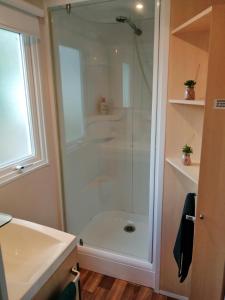 BoofzheimMobil home 5 pers proche d'Europa Park E020的带淋浴的浴室和玻璃门
