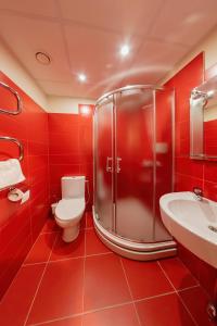 Milzkalne庄园住宅酒店的红色的浴室设有卫生间和淋浴。