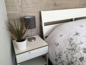 LimekilnsThe Bolthole的一张带床头柜的床,配有一盏灯和一棵植物
