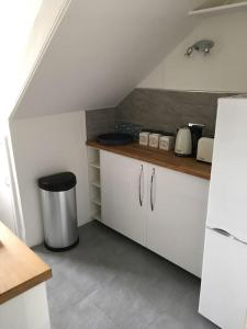 LimekilnsThe Bolthole的厨房配有白色橱柜和垃圾桶