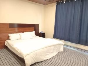 PonedasChogho-Sar Huts的一间卧室配有一张大床和蓝色窗帘