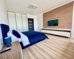 切尔卡瑟1-к квартира люкс з видом на Дніпро的一间卧室配有一张床,墙上配有电视