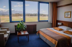克拉尼Garni Hotel Azul的酒店客房设有一张床和一个大窗户