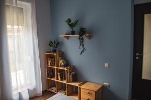 福纽德Butik Apartmanház的一间设有蓝墙和木架的房间