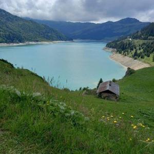 阿雷什L'appartement LES BOSSONS en lisière de forêt dans le chalet Génépi的水体旁山丘上的房屋