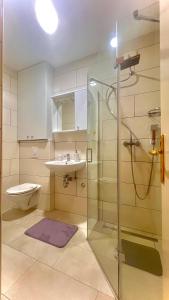 奥米什Apartments Neven的带淋浴、卫生间和盥洗盆的浴室