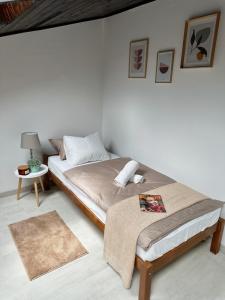 KriževciMira's Apartment的白色卧室配有床和桌子