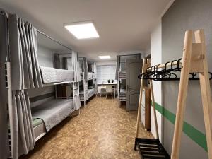 日托米尔Хостел Житомир GREEN HOUSE的宿舍间设有双层床和桌子。