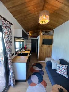 马纳夫加特Canyon Tiny House的厨房以及带沙发和桌子的客厅。
