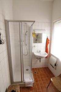 弗莱堡Pension Waldheim的带淋浴和盥洗盆的浴室
