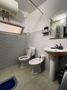 地拉那Vila Kodra的一间带卫生间和水槽的浴室