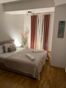 斯科普里Skopje Station Apartment的一间卧室设有一张床和一个窗口