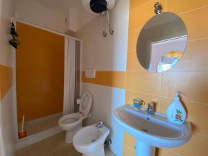 托雷奥沃Lu Jentu的一间带水槽、卫生间和镜子的浴室