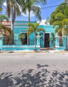 梅里达Casa Dos Lirios Hotel Boutique的一座蓝色的建筑,前面有棕榈树