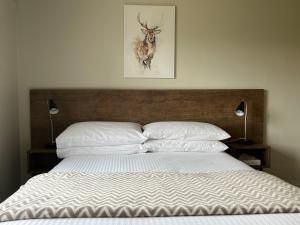 佩里舍峡谷流浪汉小屋酒店的一张带两个枕头的床和一幅鹿的照片