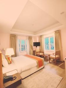 加德满都Hotel Krishna Kathmandu的卧室配有一张床、一张书桌和窗户。