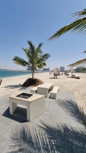 拉斯阿尔卡麦Nice Al Marjan studio的两长椅和棕榈树的沙滩