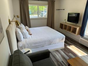 彭蒂克顿Lakeside Villa的一间卧室配有一张床、一台电视和一张沙发