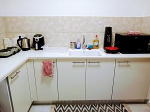 亚实基伦Agamim Park Residence的厨房柜台设有水槽和微波炉