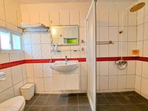 鹅銮鼻家欧风海景民宿 的一间带水槽、卫生间和镜子的浴室