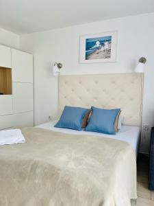 尤斯托尼莫斯基Pokoje Gościnne i Apartamenty Ula的一间卧室配有一张带蓝色枕头的大床