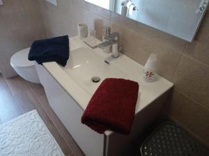 圣焦万尼泰亚蒂诺Dolce Casa的浴室设有水槽和红色及蓝色毛巾。