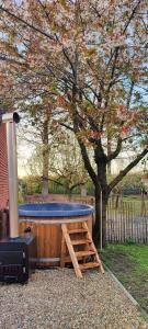 佩尔De Dommelhoeve的热水浴池和树旁的烧烤架