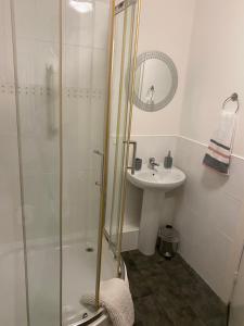 巴洛赫Argyll Apartment Loch Lomond的带淋浴和盥洗盆的浴室