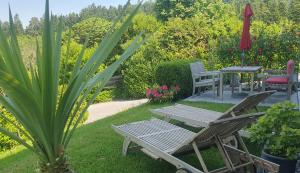 赫尔布兰茨Ferienwohnung "Am Halbenstein"的花园内带桌椅的庭院