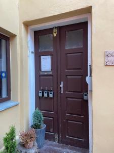 特热比奇Apartmany u Synagogy的两棵盆栽植物的建筑物的棕色门
