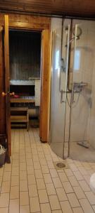 卡拉约基Punainen tupa的带淋浴的浴室和瓷砖地板。