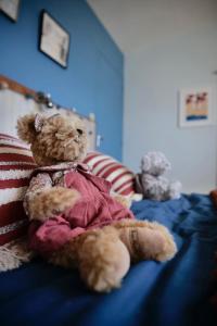 维里尔·杜·拉克Chambre privée dans Maison Familiale的坐在床上的棕色泰迪熊
