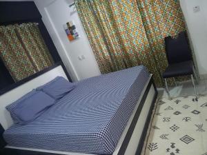 阿克拉KESEWAA's APARTMENT的一张带蓝色枕头的床和一把椅子