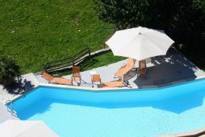 维尔德斯韦尔贝格霍夫酒店的享有带遮阳伞和椅子的游泳池的顶部景致