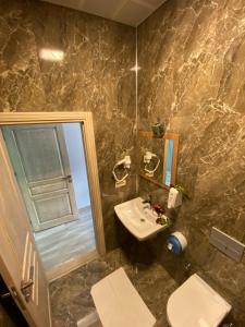 贾马里海姆森Vadidekal Suite Hotel的一间带水槽、卫生间和镜子的浴室