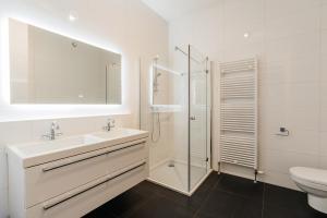 斯海弗宁恩BizStay Harbour IV的白色的浴室设有水槽和淋浴。