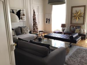 里昂Une nuit au second Chambre d hôtes的带沙发和圣诞树的客厅