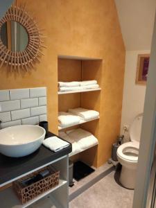 Hesdigneul-lès-BoulogneLe grenier de Mamou的一间带水槽、卫生间和镜子的浴室