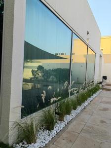 迪拜Villa 29 Suite A - Home Vacation的一座建筑,边有植物大窗户