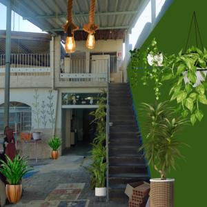 贝洛奥里藏特Casa Jardim Hostel BH - Santa Efigênia - Paraíso的建筑中带有盆栽和灯的楼梯