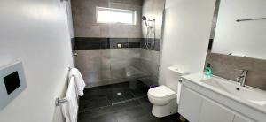South ArmBeach Getaway - Blessington Villa的带淋浴、卫生间和盥洗盆的浴室