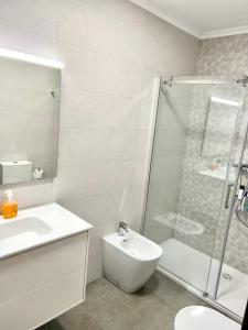林克勒斯APARTAMENTO LA PICOTA的带淋浴、卫生间和盥洗盆的浴室