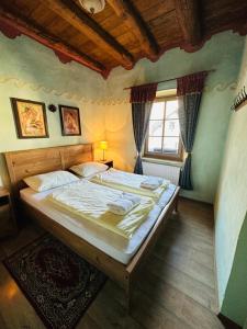克拉尼斯卡戈拉Apartments Belopeški Dvori的一间卧室设有一张大床和一个窗户。