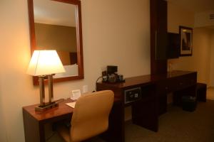 埃莫西约埃莫西约阿罗普假日套房酒店的酒店客房配有带台灯和椅子的书桌