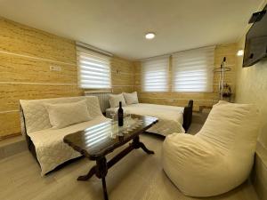 莫伊科瓦茨Pejovic apartmani Mojkovac的客房设有两张床、一张沙发和一张桌子。