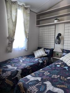 PerranzabuloePorthcurno 4, Silverbow Country Park的一间卧室设有两张床和窗户。