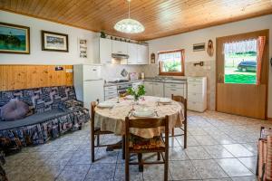 索卡Holiday house Lepena的厨房以及带桌子和沙发的客厅。