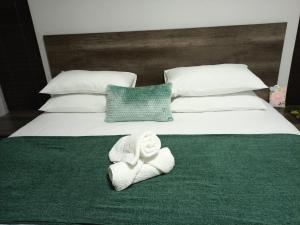 哈博罗内Olive Exclusive的一张床上有一堆折叠毛巾的床