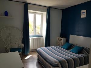 Saint-Sornin-LeulacLes forges de Planechaud的一间卧室配有一张蓝色墙壁的床和一扇窗户