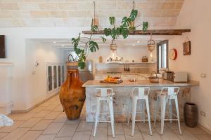 圣维托诺曼Trulli Olea的厨房配有大花瓶和带凳子的台面